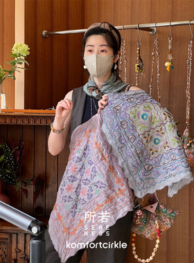 SERENESS所若 粉纱藤蔓手工刺绣丝巾方巾头巾披肩装饰搭配造型