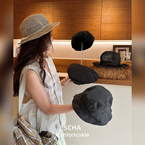 SCHA 绑带草帽小花贝雷帽做旧感渔夫帽简约德系暗黑手工帽饰