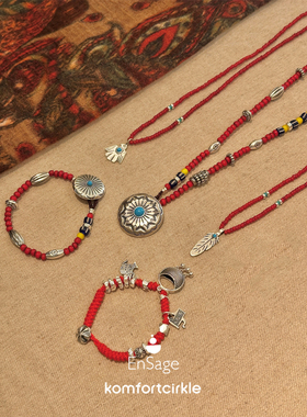 ENSAGE 纯银红琉璃珠项链复古串珠锁骨链气质毛衣链手工高级手链