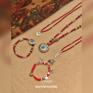 ENSAGE 纯银红琉璃珠项链复古串珠锁骨链气质毛衣链手工高级手链