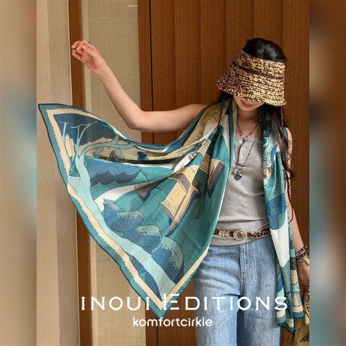 INOUI EDITIONS 100*190美人鱼海洋印花丝巾大围巾披肩搭配新款
