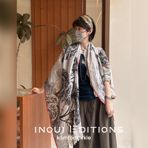 INOUI EDITIONS 70*190素描山水印花丝巾披肩大围巾26春夏新款
