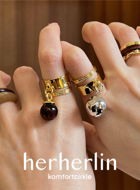 特价HERHERLIN 素纹双层吊珠红虎眼石纽结戒指个性原创小众指环