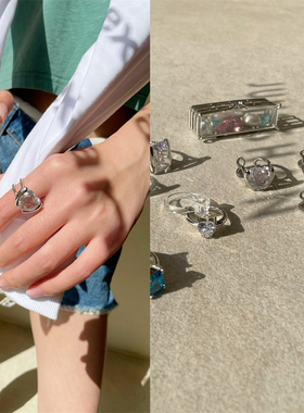 熔化银块桃心双层宝石方块戒指