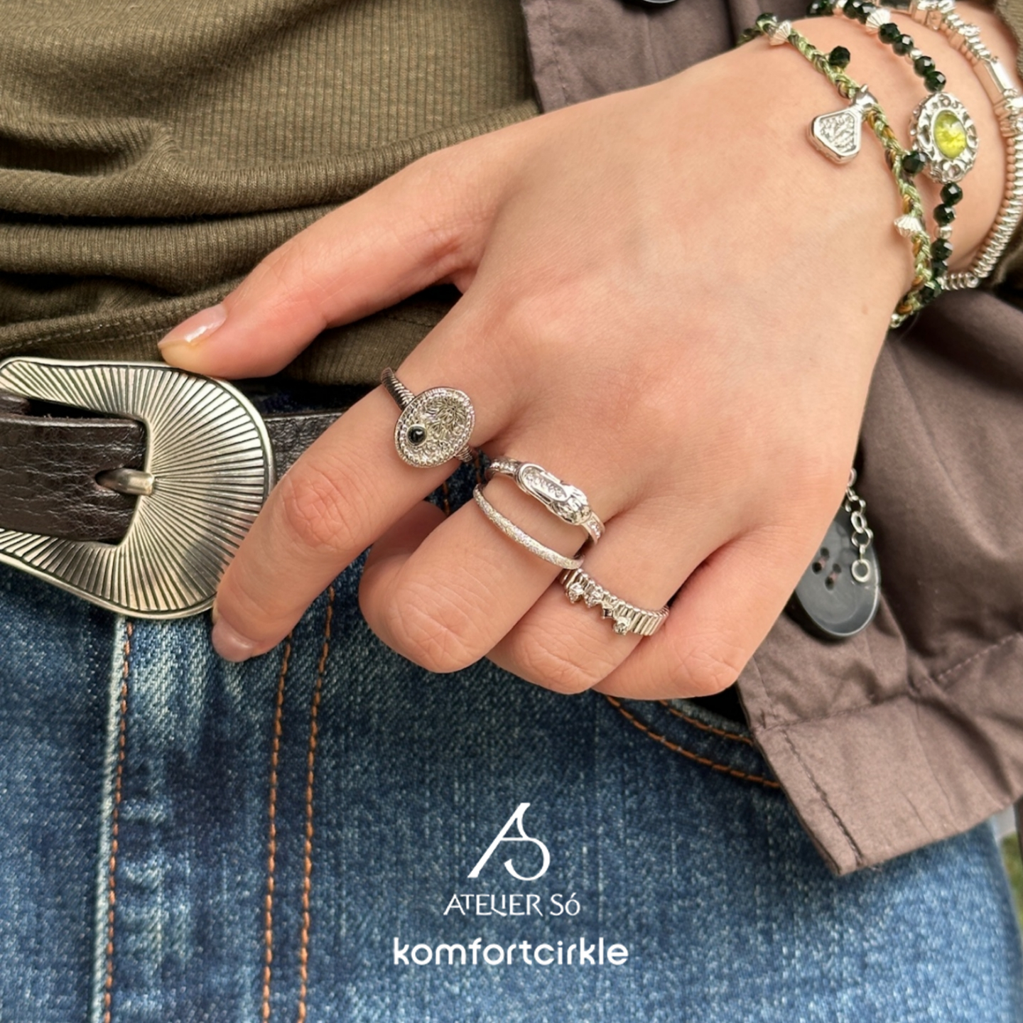 ATELIERSO倪索 五行天然石开口戒指 纯银碎克拉钉砂指环叠搭