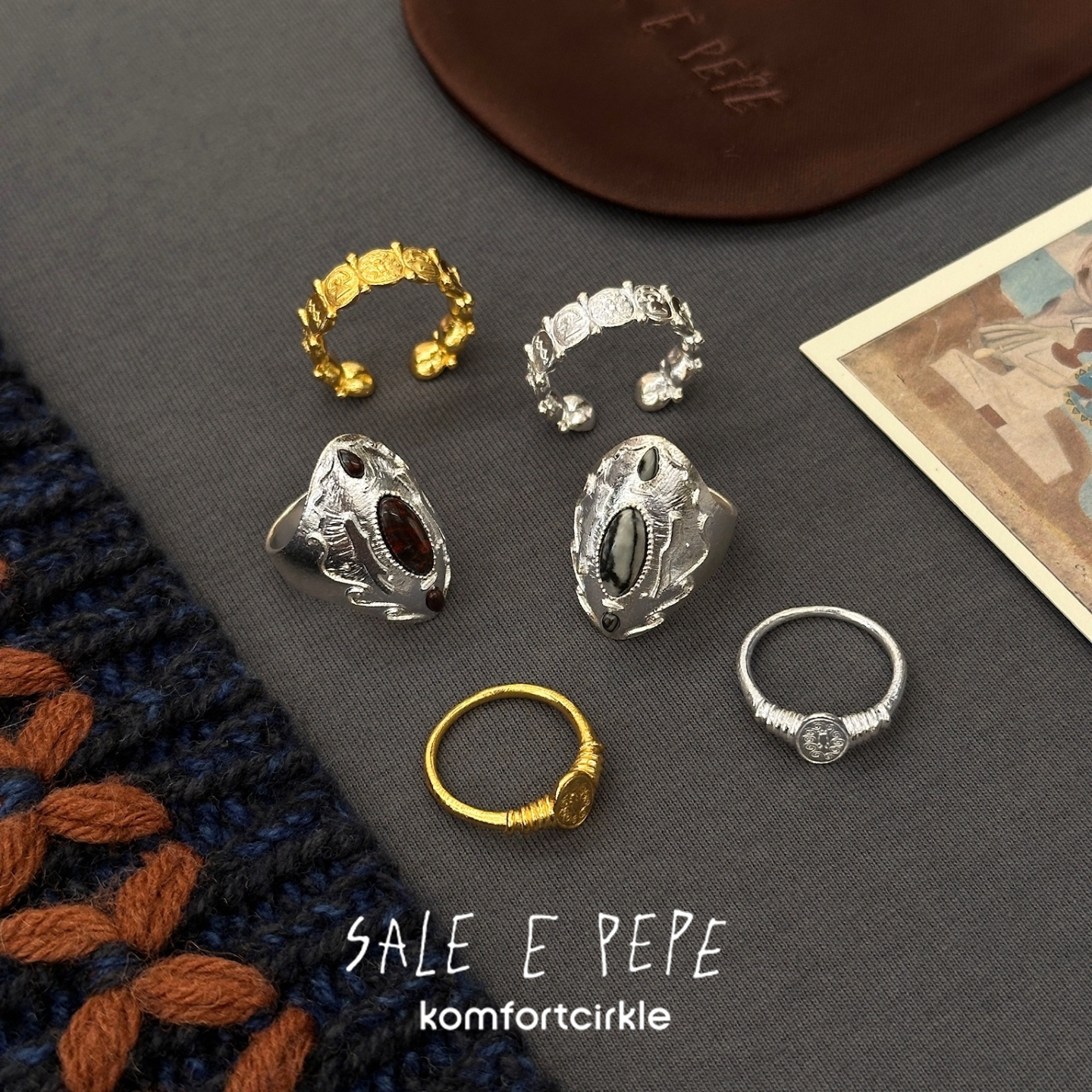 SALE E PEPE胡椒盐 纯银丰收图章图画戒指网格石彩虹石深海指环