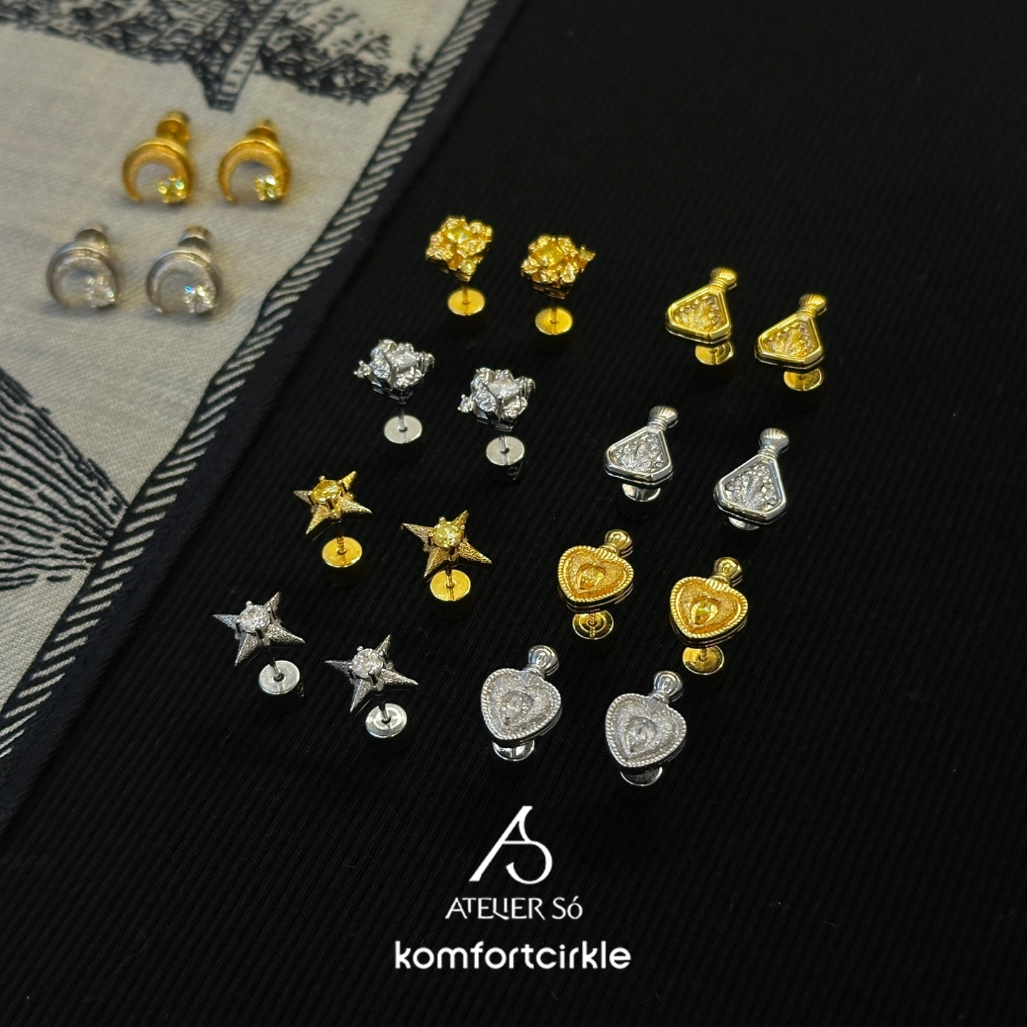 ATELIERSO倪索 碎克拉方形爱心三角香水瓶月牙十字星钉砂耳钉耳饰