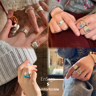 明星同款 ENSAGE 925纯银绿松石羽毛圆珠戒指高级质感叠搭指环