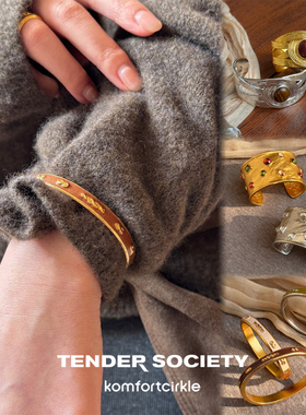 TENDER SOCIETY 拼色珐琅两戴手镯八字纹镶石彩色琉璃宽手环礼物