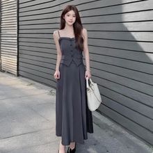 韩版高级感时尚两件套气质单排扣短款西装吊带高腰半身长裙套装女