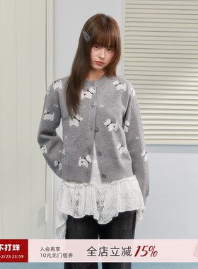 ECHOSTA可爱波点小狗图案提花灰色毛衣开衫外套圆领基础上衣女春