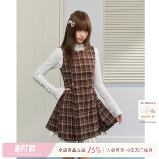 ECHOSTA复古学院格棕纹背心连衣裙春秋修身 短裙子 收腰显瘦无袖
