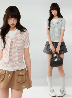ECHOSTA“桃桃海盐”假两件撞色条纹短袖T恤披肩上衣春夏正肩百搭
