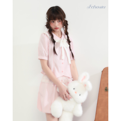 ECHOSTA /“桃桃气泡”海蝴蝶结军领粉色竖条纹蕾丝蛋糕裙裤套装