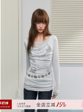 ECHOSTA韩系天丝荡领猫咪印花收腰条纹假两件长袖T恤罩衫女显瘦