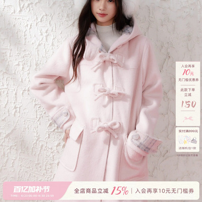 粉色蝴蝶结拼接格纹外套