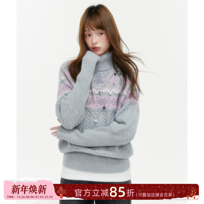 ECHOSTA圣诞元素费尔岛复古针织上衣半高领毛衣收腰女秋冬针织衫