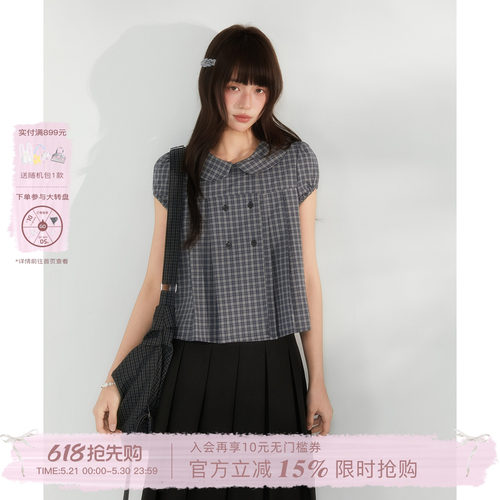ECHOSTA“孤岛潮汐”格纹波点娃娃领泡泡袖衬衫上衣短款衬衣夏女