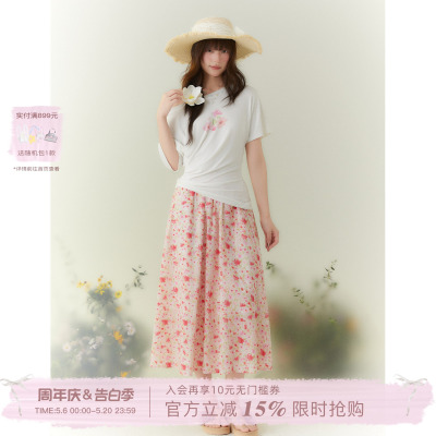 ECHOSTA高腰复古碎花小褶半身裙夏季新款度假风A字中长裙伞裙