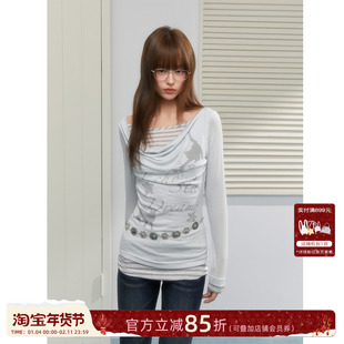 ECHOSTA韩系天丝荡领猫咪印花收腰条纹假两件长袖T恤罩衫女显瘦