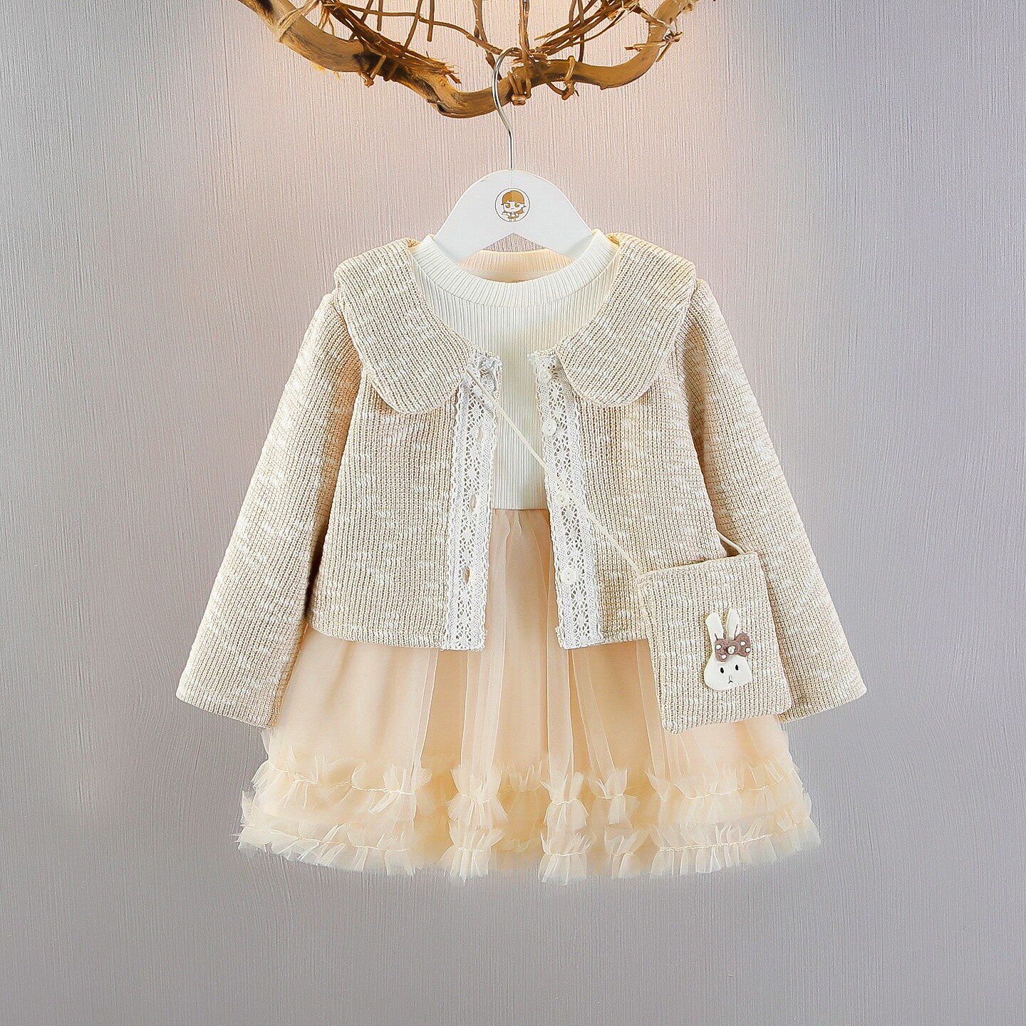 女童小香风针织开衫网纱裙套装0-3岁女宝宝春秋1洋气公主裙两件套