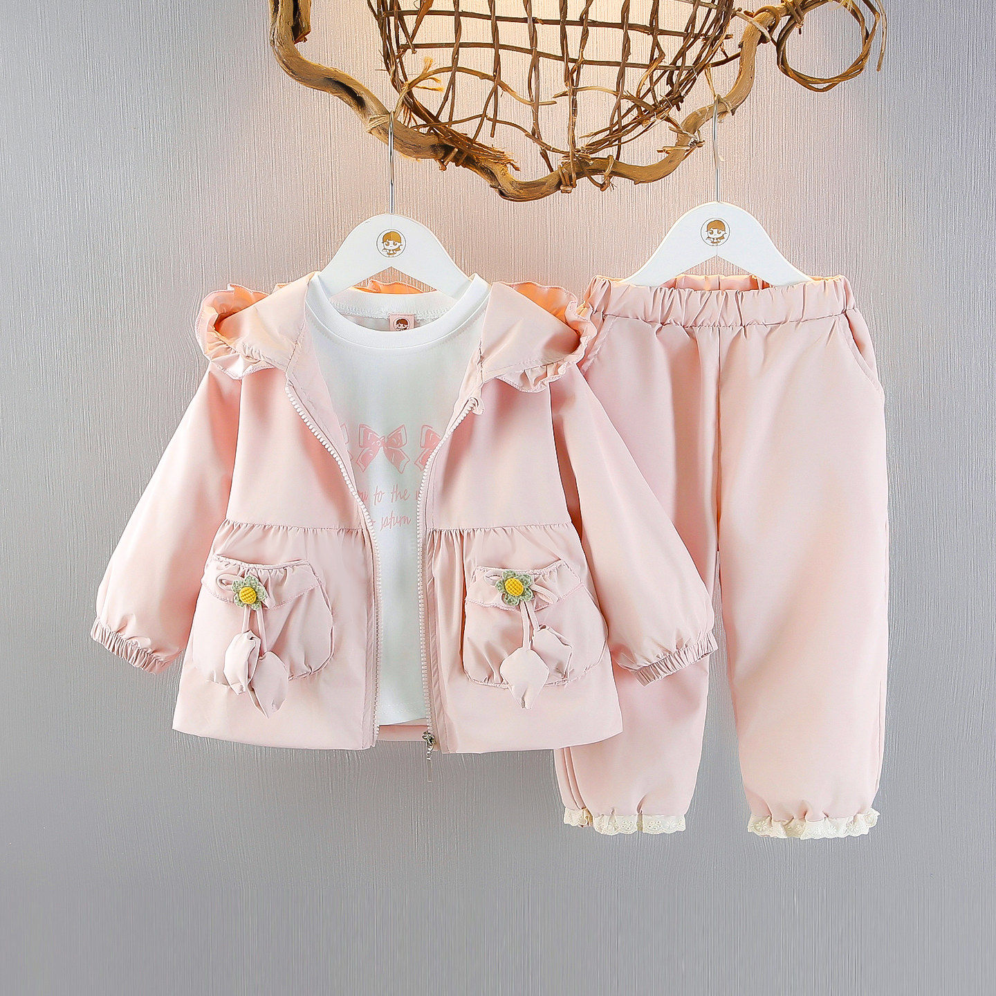 春秋女宝宝洋气蝴蝶结三件套女童长袖连帽外套裤子套装幼小童衣服