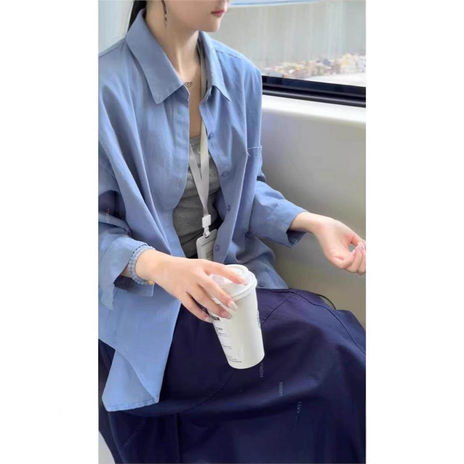 雾霾蓝色长袖衬衫女上衣内搭外穿春夏韩系慵懒风宽松百搭薄款外套