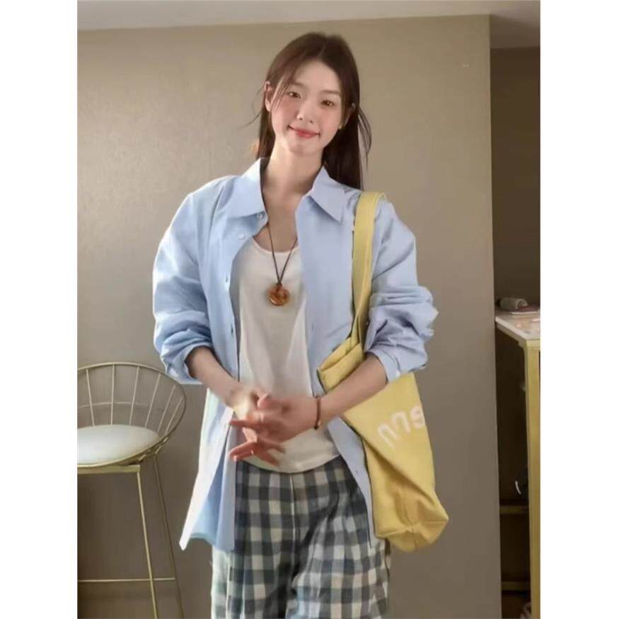 纯棉蓝色长袖衬衫女上衣夏季宽松慵懒风宽松休闲防晒衬衣外套薄款