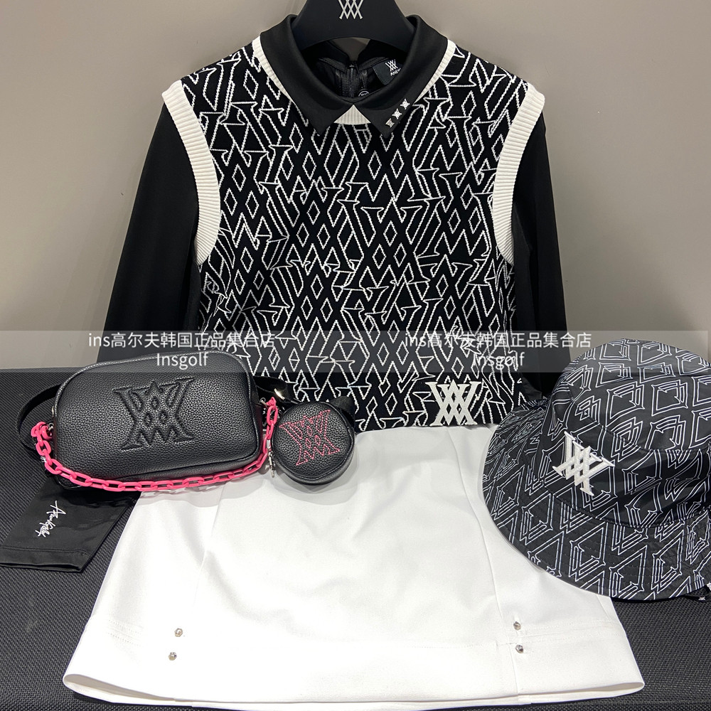 Anew高尔夫服装满印针织背心马甲女士长袖打底衫上衣包臀半身短裙