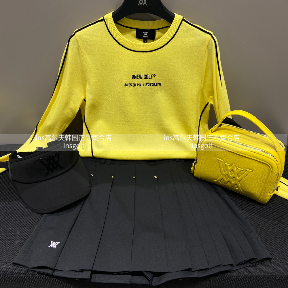 Anew高尔夫球服套装女25春款圆领长袖针织衫运动上衣休闲百褶短裙