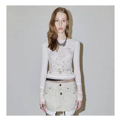 若若韩代正品直邮sculptor上衣打底衫刺绣印花蕾丝修身长袖T恤女