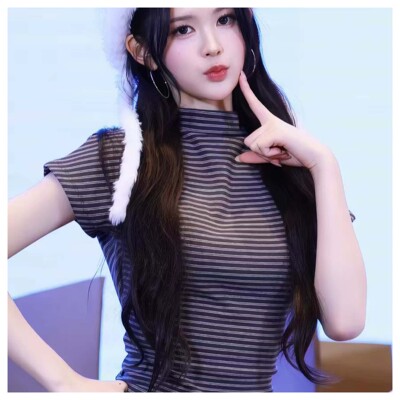 若若韩代正品直邮blackup卢惟那a-na同款简约条纹高领短袖t恤女