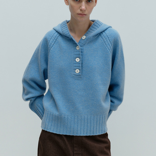 若若韩国正品代购MOONDAL25秋冬连帽系扣羊毛针织毛衣上衣内搭