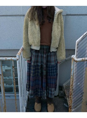 若若韩代nocontent25秋冬boho复古拼接碎花格子半身裙