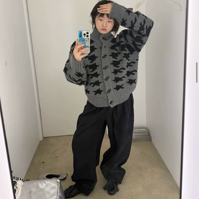 若若韩国正品代购直邮OPENYY25新款复古牛角扣针织开衫毛衣外套