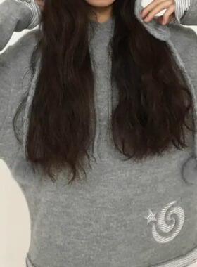 若若韩国正品代购aeae25秋冬条纹拼接连帽针织上衣女中长长袖修身