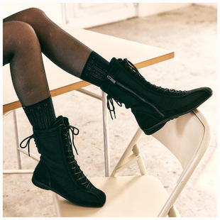 若若韩代正品直邮khiho靴子拼接运动英伦风长筒系带高帮马丁靴女