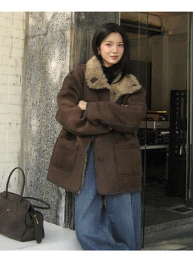 若若韩代正品直邮108pound羊羔毛外套女冬中长款宽松皮毛一体机车