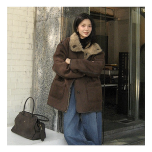若若韩代正品直邮108pound羊羔毛外套女冬中长款宽松皮毛一体机车