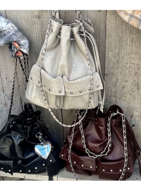 若若韩代正品直邮deinet设计师品牌抽绳链条水桶包机车双肩链条包