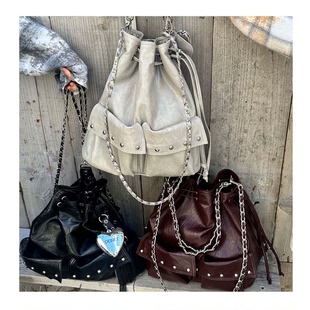 若若韩代正品直邮deinet设计师品牌抽绳链条水桶包机车双肩链条包