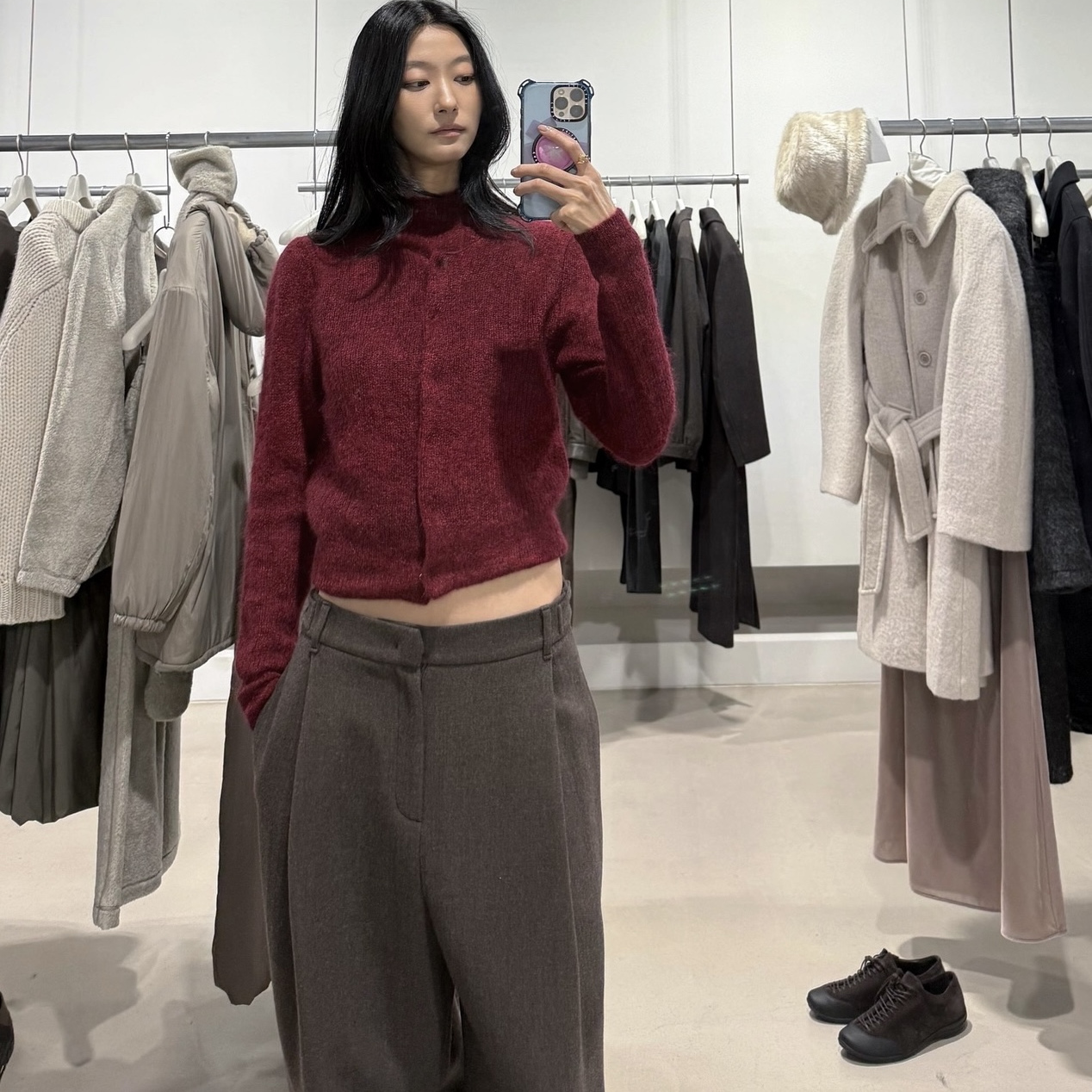 若若韩国正品代购amomento25秋冬马海毛圆领针织开衫上衣毛衣女