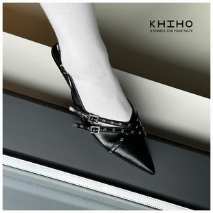 若若韩代正品直邮khiho鞋25新款复古绑带浅口百搭尖头半拖高跟鞋