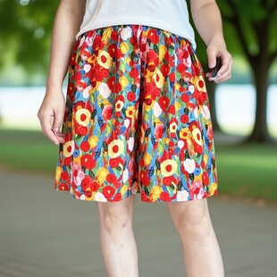 夏季红色短裤女款绵绸短裤中青老居家运动外穿休闲中腰宽松加大码