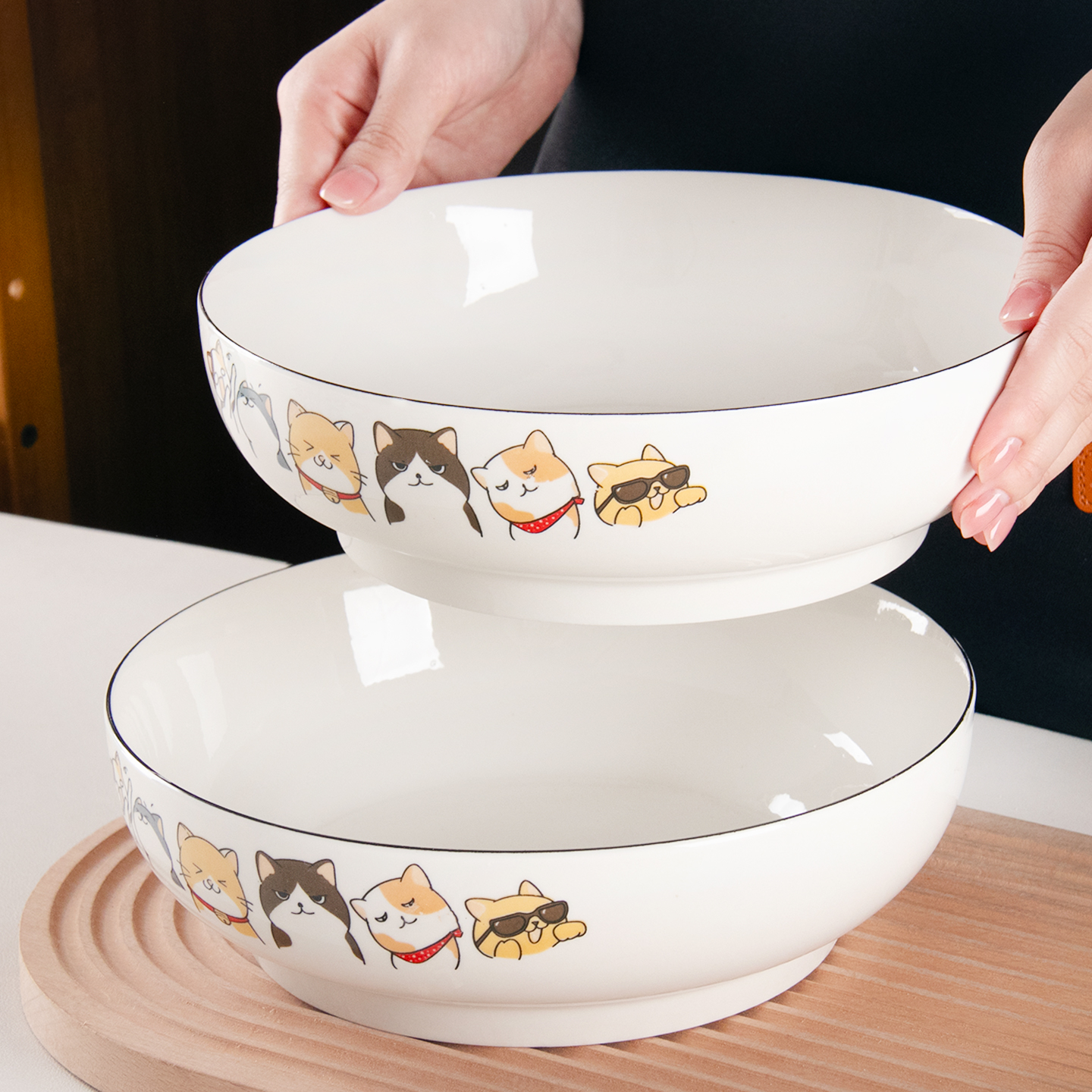 陶瓷卡通猫咪9英寸大汤碗可爱简约家用饭碗北欧大碗汤盆创意面碗