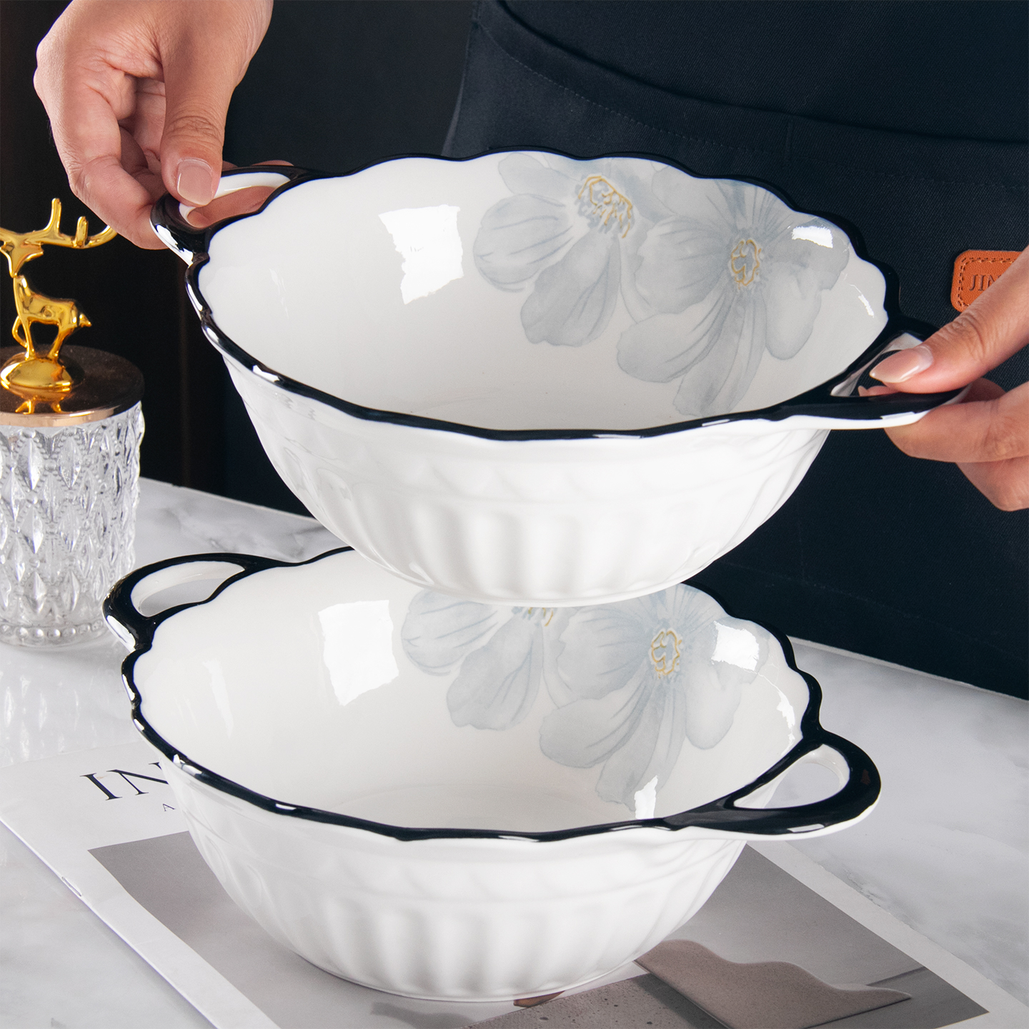 陶瓷双耳汤碗家用2025新款海棠花泡面碗高颜值大碗陶瓷釉下彩汤盆