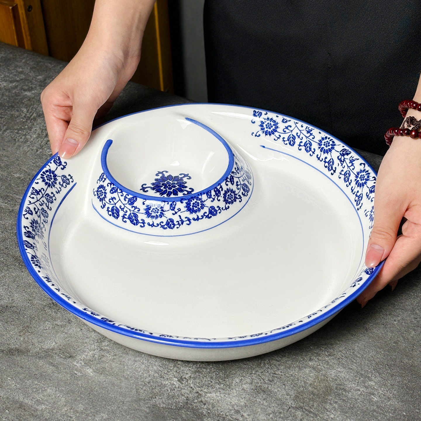 青花瓷配菜分格盘干果分格盘粗姜蒜早餐五格盘拼盘饺子盘带醋碟盘