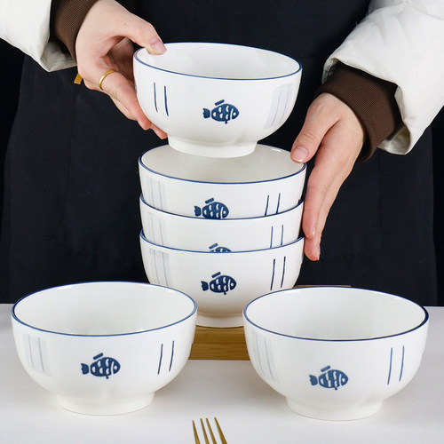 日式5寸饭碗家用10个装加厚陶瓷釉下彩卡通小鱼可微波米饭碗餐具