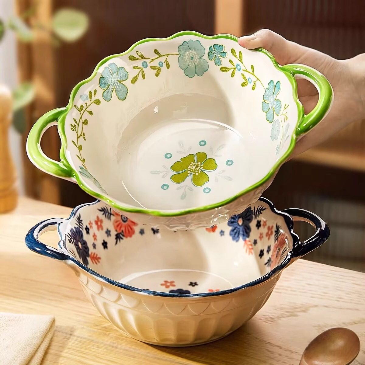 双耳汤碗家用2025新款釉下彩防烫加厚可微波汤盆大号碗高颜值餐具