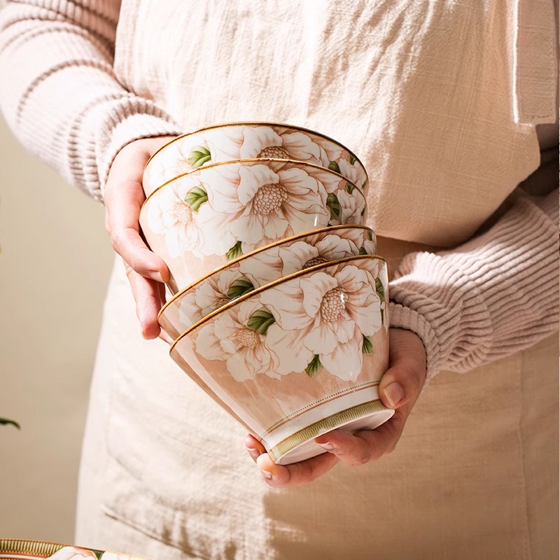 陶瓷中式山茶花釉下彩米饭碗